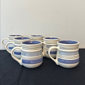Pfaltzgraff Rio Set of 6 Stoneware Coffee Mugs Blue Stripes 14 oz Handpainted